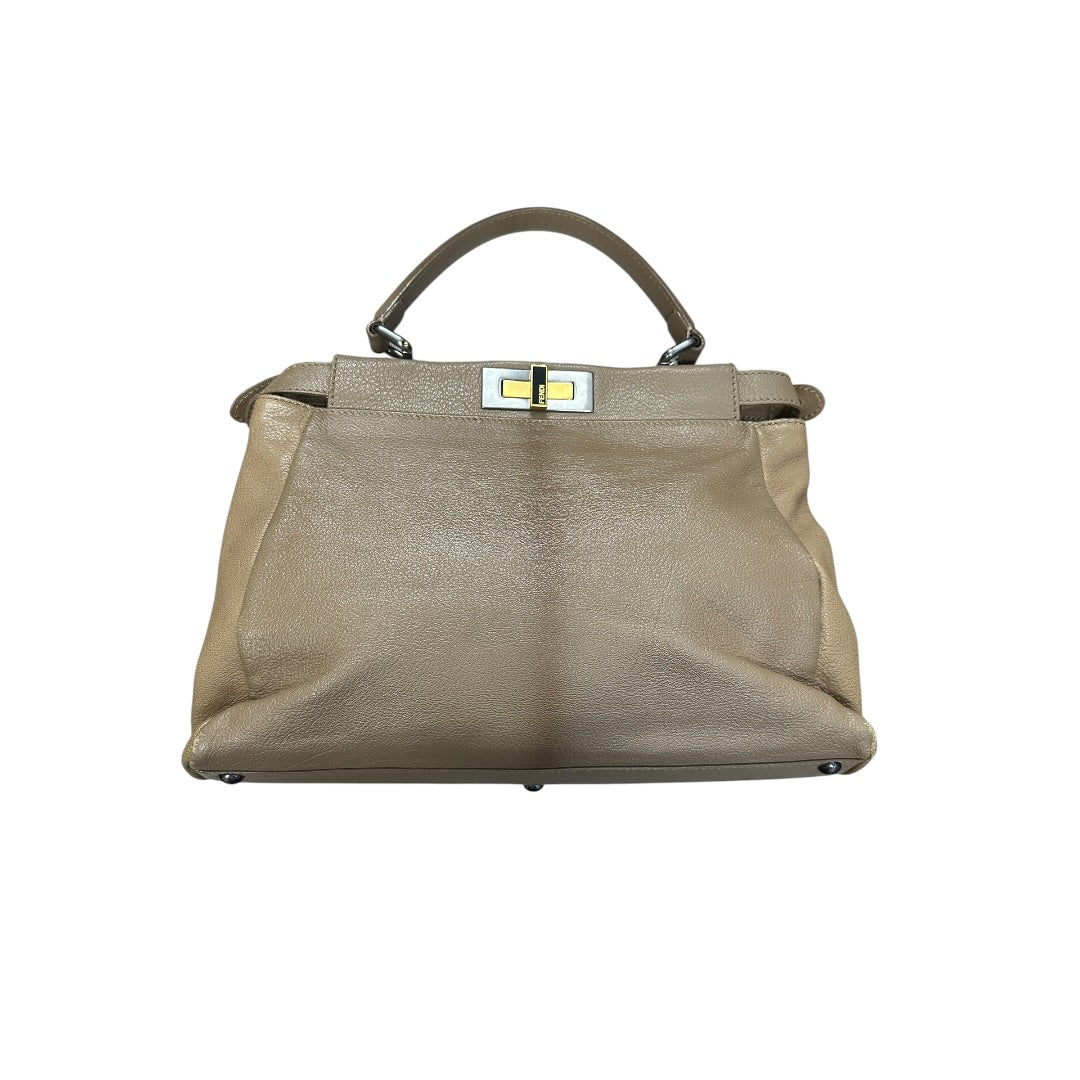 FENDI Calfskin Leather Peekaboo Large Handbag Beige Silver Gold Hardware FE390