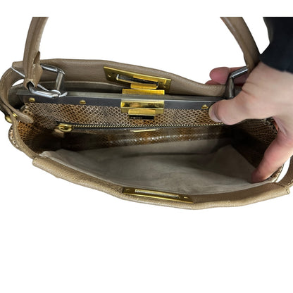 FENDI Calfskin Leather Peekaboo Large Handbag Beige Silver Gold Hardware FE390