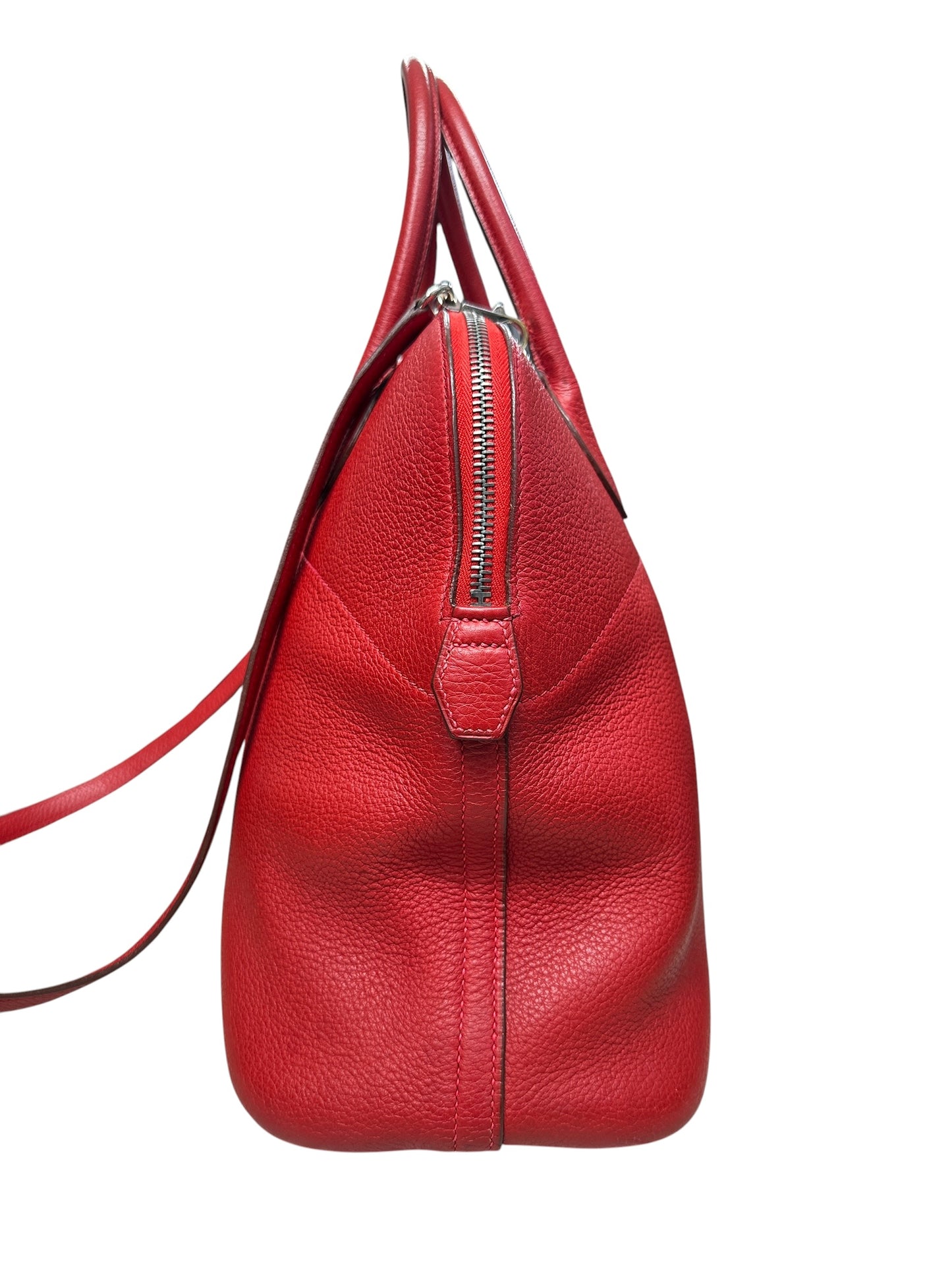 HERMES Clemence Leather Bolide 35 Handbag Red Silver Hardware HE467