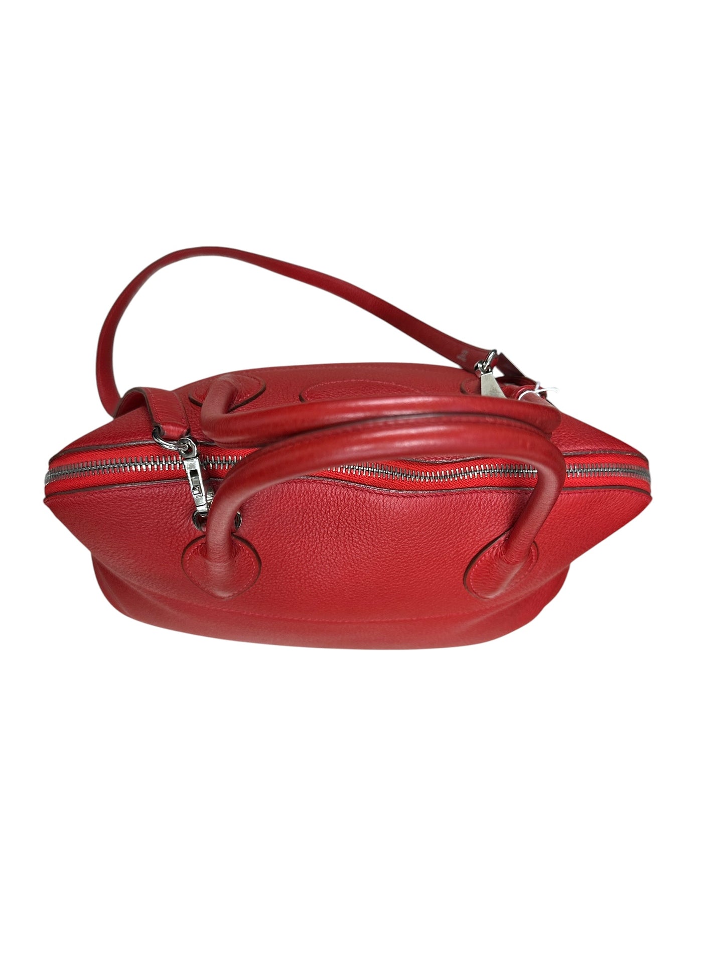 HERMES Clemence Leather Bolide 35 Handbag Red Silver Hardware HE467