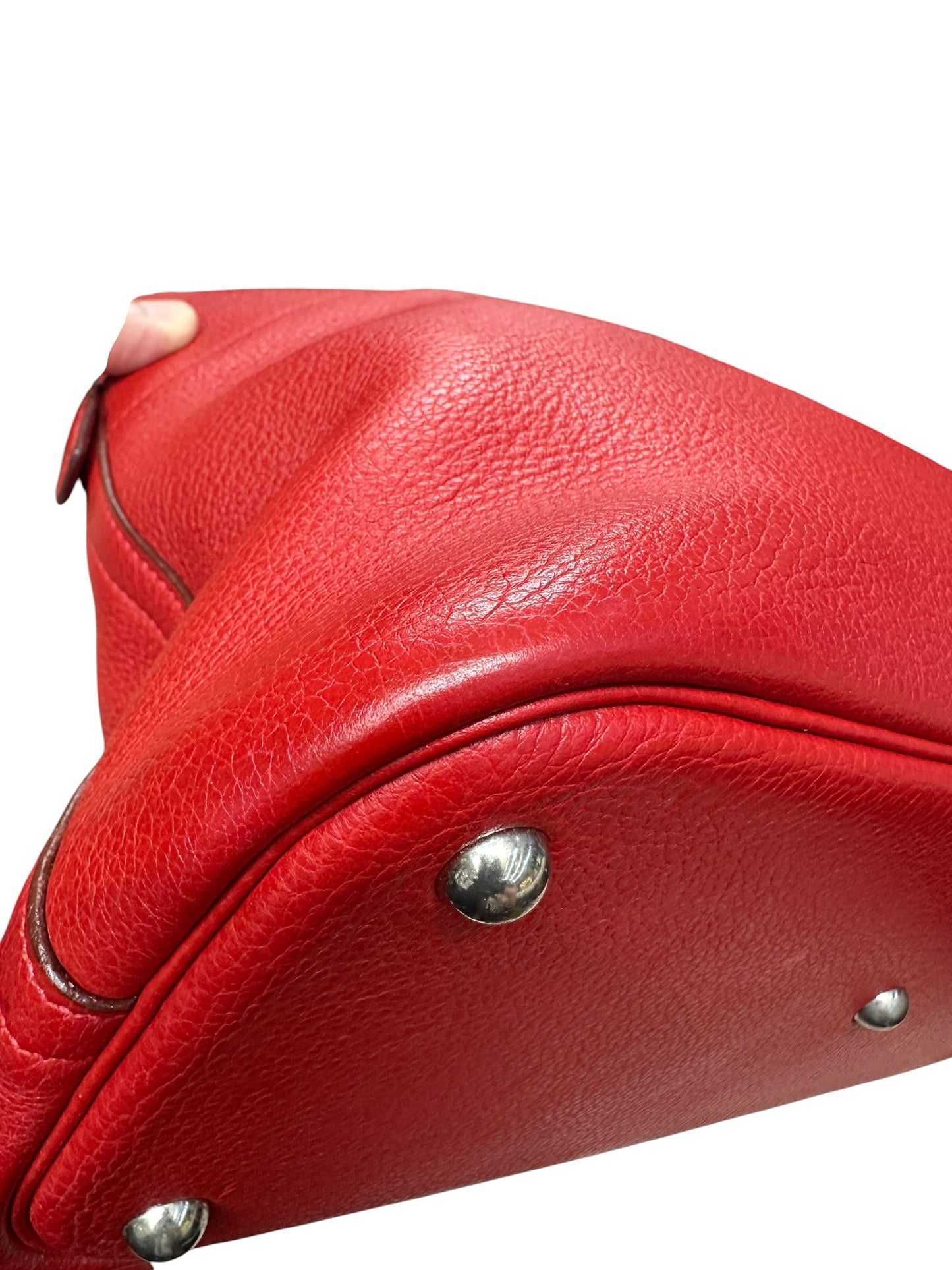 HERMES Clemence Leather Bolide 35 Handbag Red Silver Hardware HE467