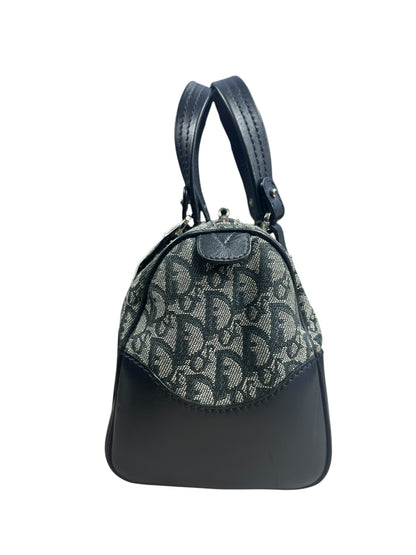 CHRISTIAN DIOR Trotter Jacquard Boston Handbag Navy Silver Hardware CH2206
