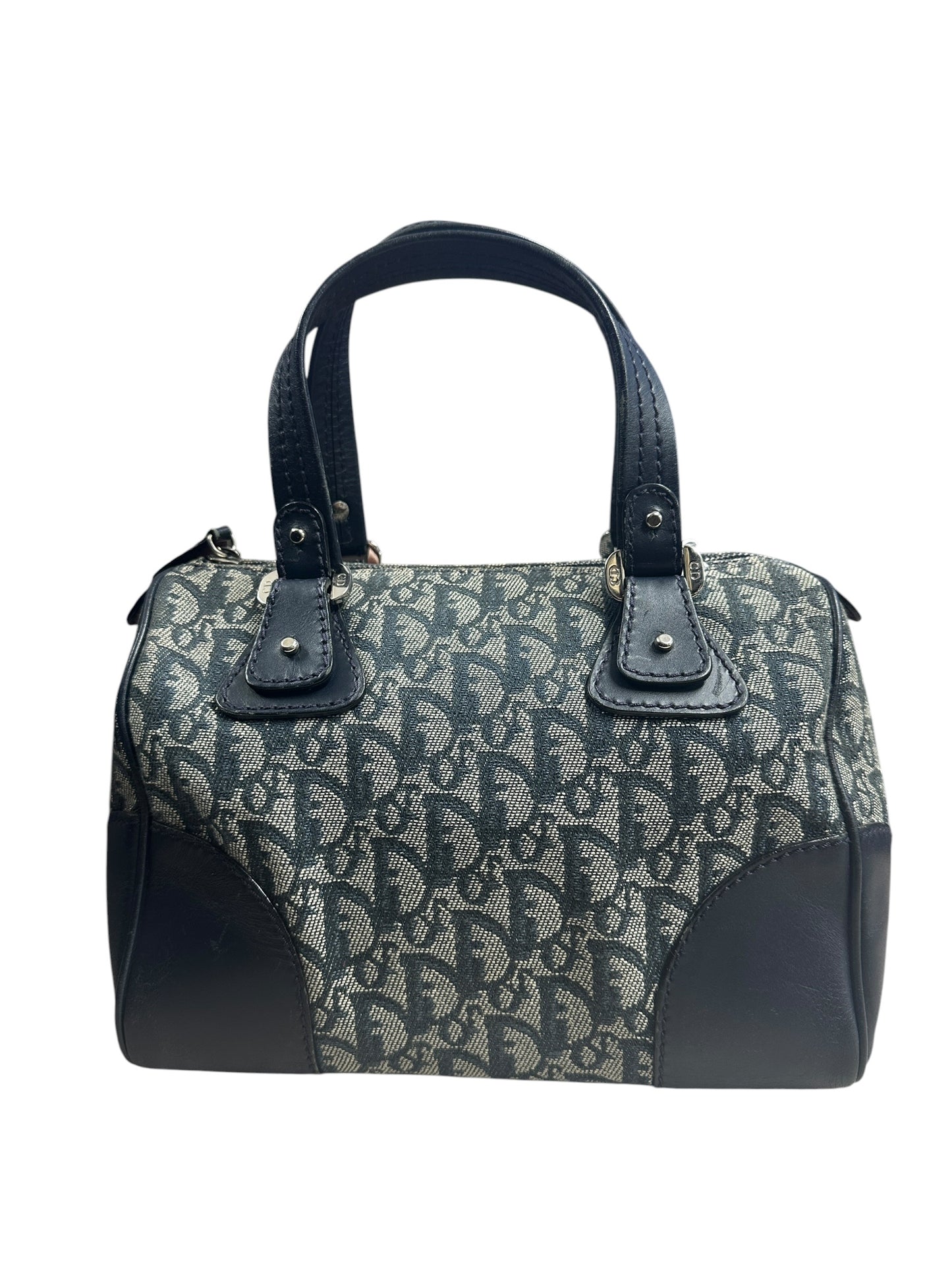 CHRISTIAN DIOR Trotter Jacquard Boston Handbag Navy Silver Hardware CH2206