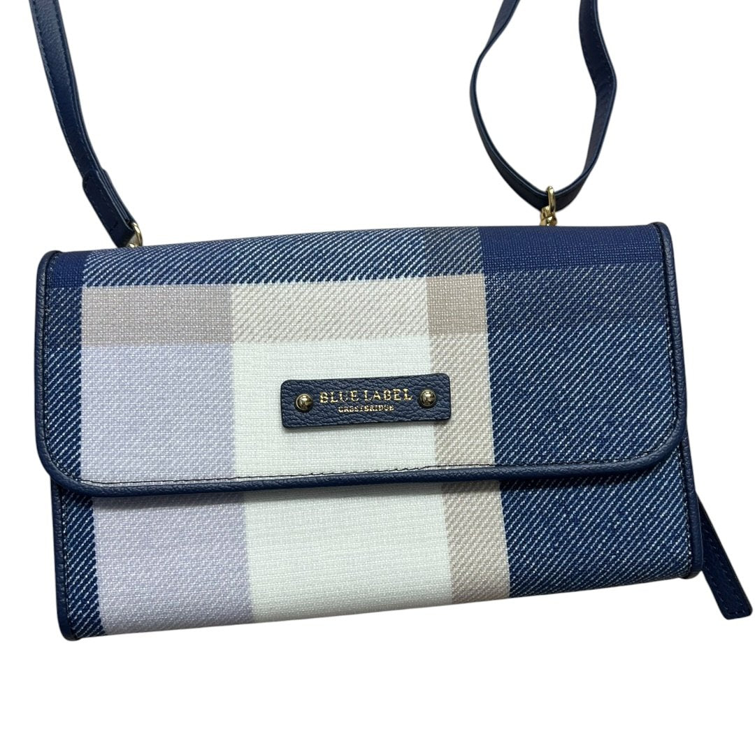 BLUE LABEL CRESTBRIDGE Textile/Leather N/A Crossbody Wallet Blue, White, Purple Plaid Gold Hardware BU1230