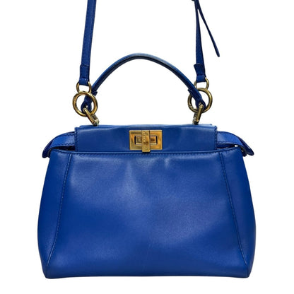 FENDI Calfskin Peekaboo Mini Handbag Blue Gold Hardware FE391