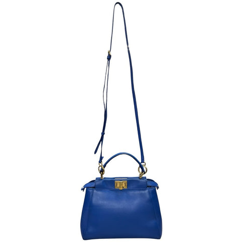 FENDI Calfskin Peekaboo Mini Handbag Blue Gold Hardware FE391