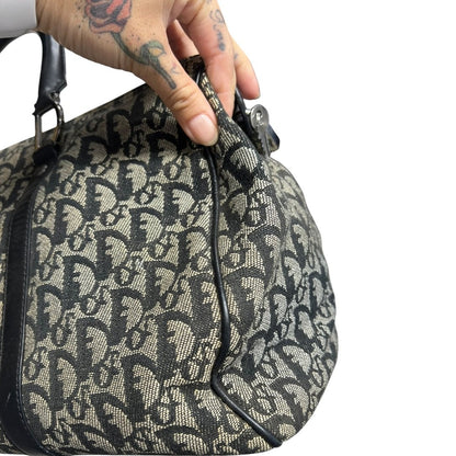CHRISTIAN DIOR Oblique Canvas Oblique Boston Bag Handbag Black and Beige Silver Hardware Ch2208