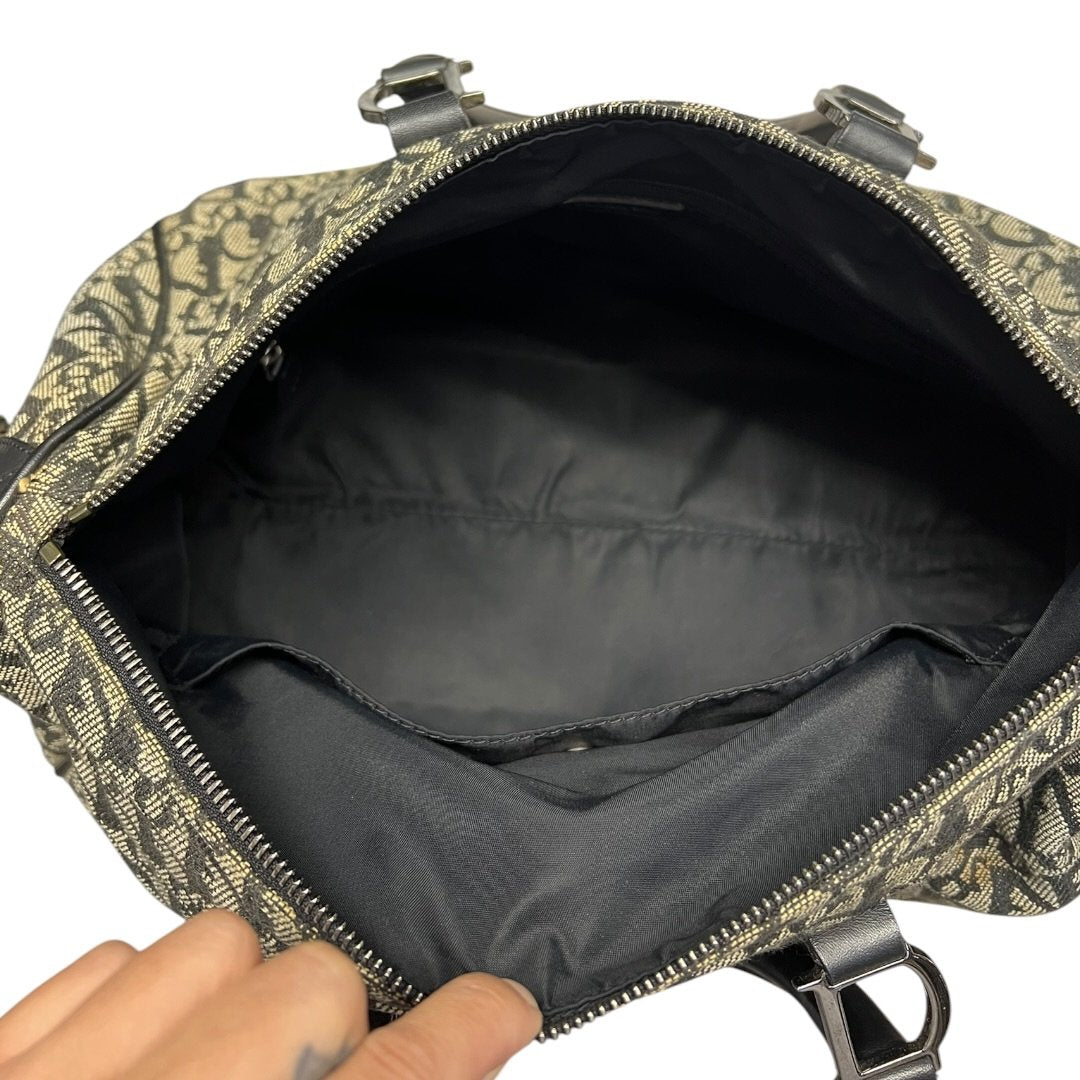 CHRISTIAN DIOR Oblique Canvas Oblique Boston Bag Handbag Black and Beige Silver Hardware Ch2208