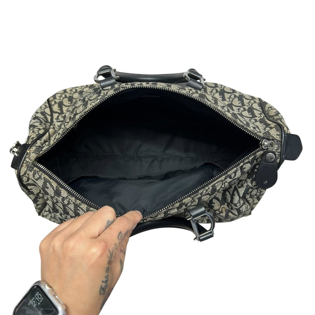 CHRISTIAN DIOR Oblique Canvas Oblique Boston Bag Handbag Black and Beige Silver Hardware Ch2208