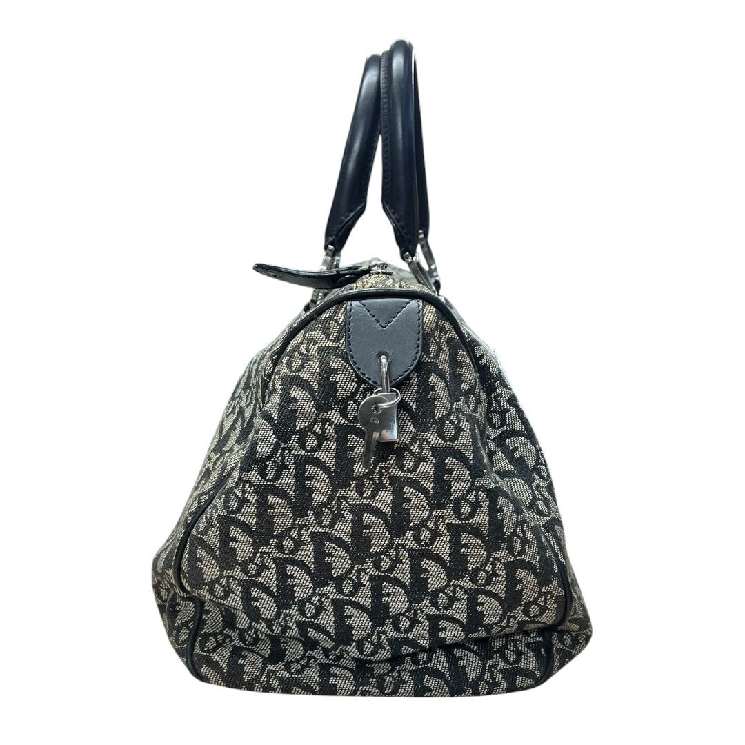 CHRISTIAN DIOR Oblique Canvas Oblique Boston Bag Handbag Black and Beige Silver Hardware Ch2208