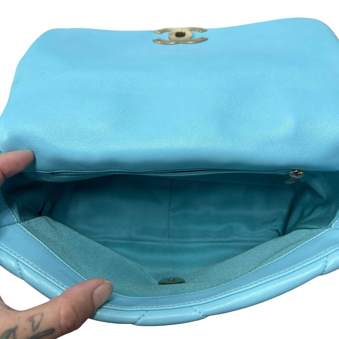 CHANEL Goatskin 19 Flap Bag Shoulder Bag Light Blue Mixed Hardware CH2215