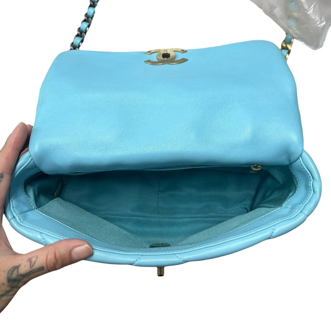 CHANEL Goatskin 19 Flap Bag Shoulder Bag Light Blue Mixed Hardware CH2215