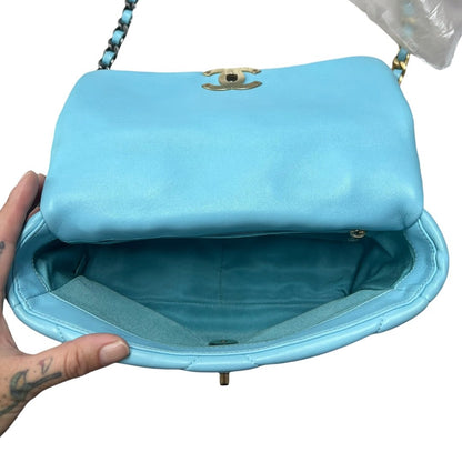CHANEL Goatskin 19 Flap Bag Shoulder Bag Light Blue Mixed Hardware CH2215
