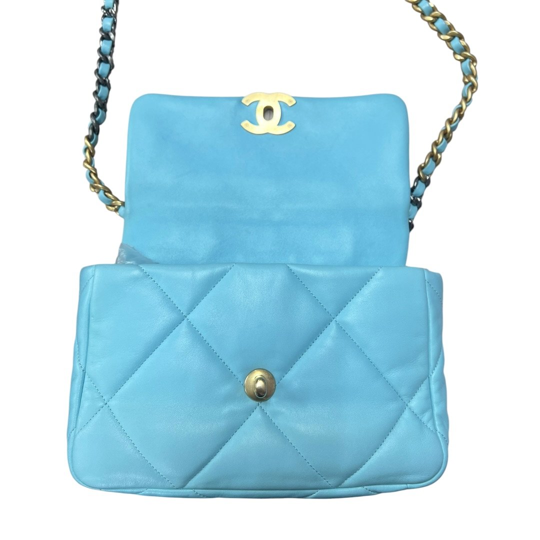 CHANEL Goatskin 19 Flap Bag Shoulder Bag Light Blue Mixed Hardware CH2215