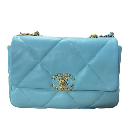 CHANEL Goatskin 19 Flap Bag Shoulder Bag Light Blue Mixed Hardware CH2215