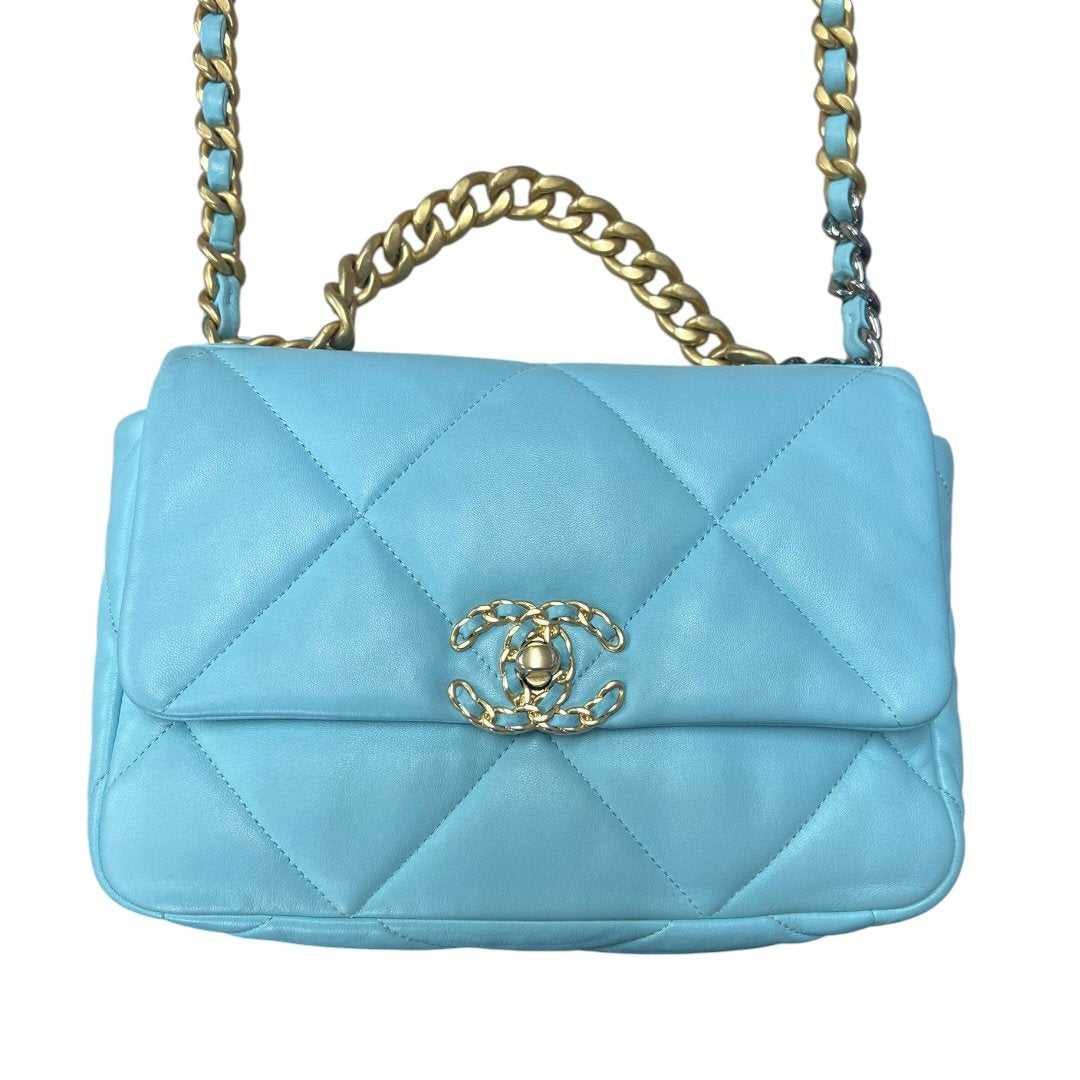CHANEL Goatskin 19 Flap Bag Shoulder Bag Light Blue Mixed Hardware CH2215