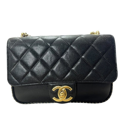 CHANEL Caviar Mini Studded Flap Bag Shoulder Bag Black with Pink Interior Gold Hardware CH2216
