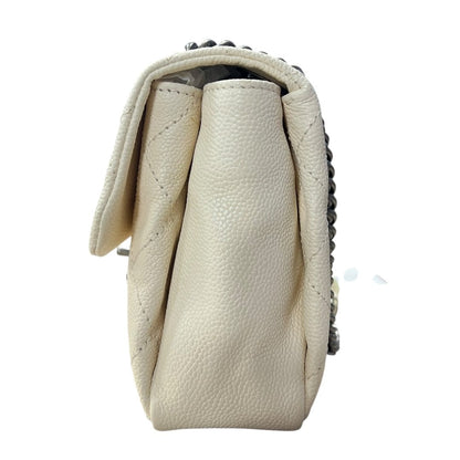 CHANEL Grained Calfskin Classic Flap Shoulder Bag White Gunmetal Hardware CH2217