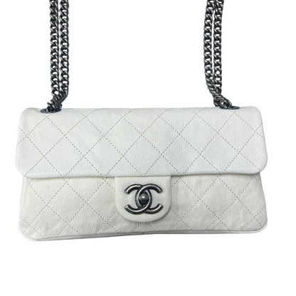 CHANEL Grained Calfskin Classic Flap Shoulder Bag White Gunmetal Hardware CH2217
