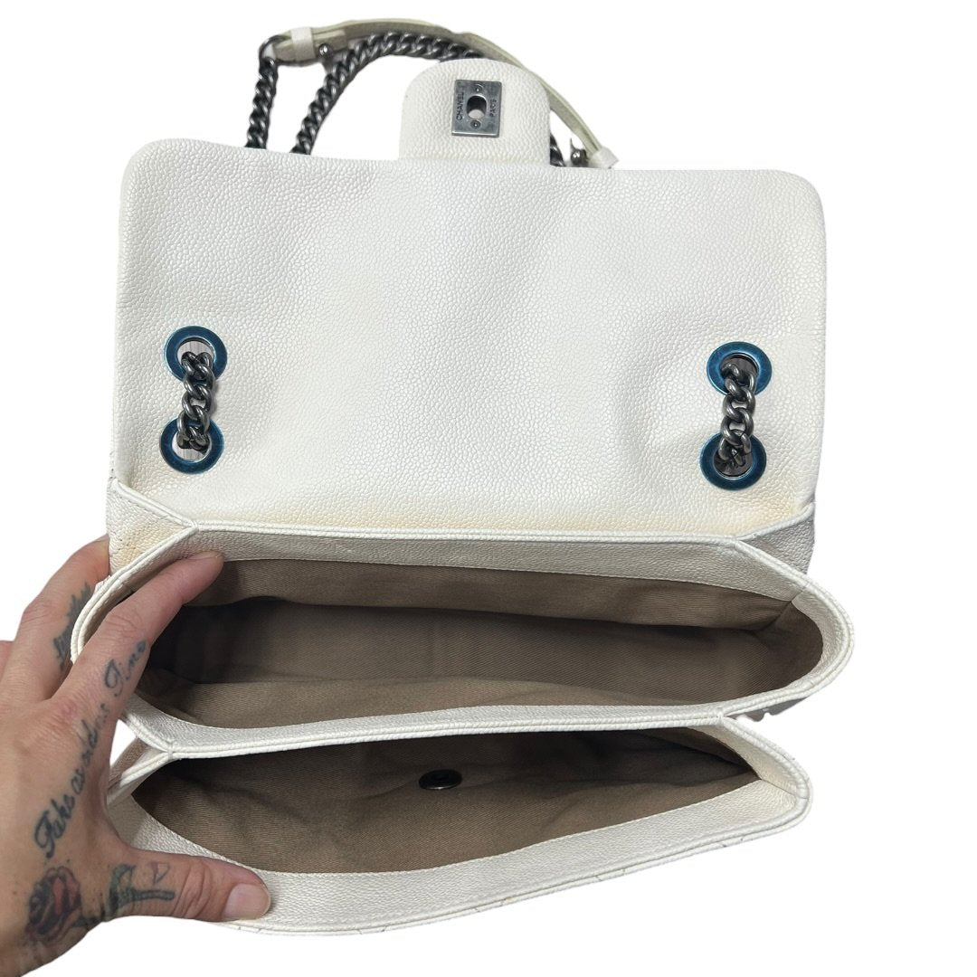 CHANEL Grained Calfskin Classic Flap Shoulder Bag White Gunmetal Hardware CH2217