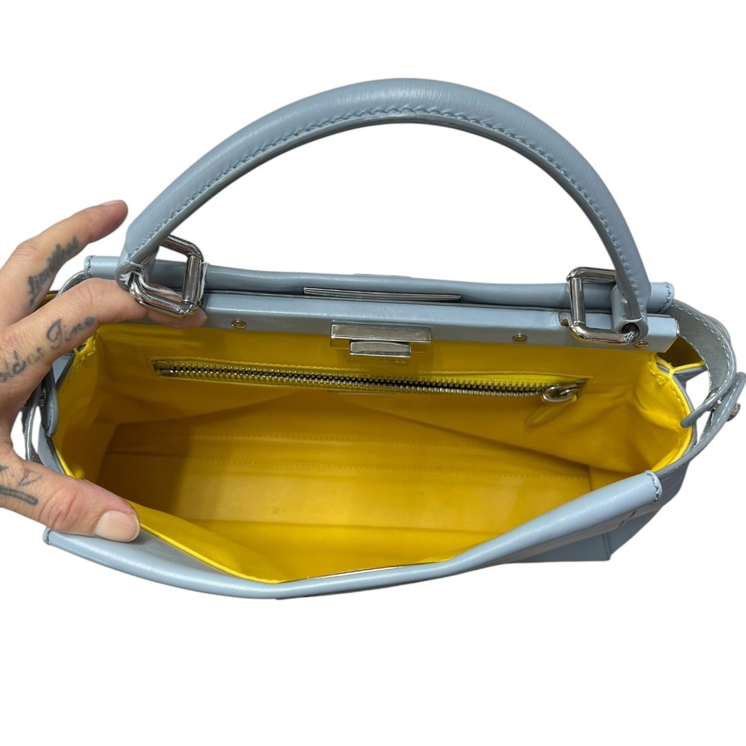 FENDI Calfskin Peekaboo Handbag Light Blue with Yellow Lining Silver Hardware FE395