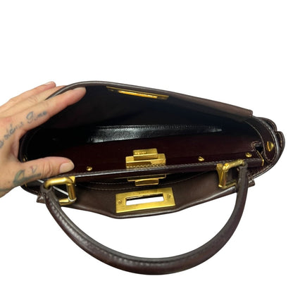 FENDI Leather Peekaboo Handbag Brown Gold Hardware FE394