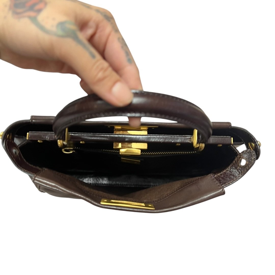 FENDI Leather Peekaboo Handbag Brown Gold Hardware FE394