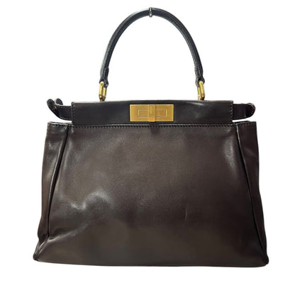 FENDI Leather Peekaboo Handbag Brown Gold Hardware FE394