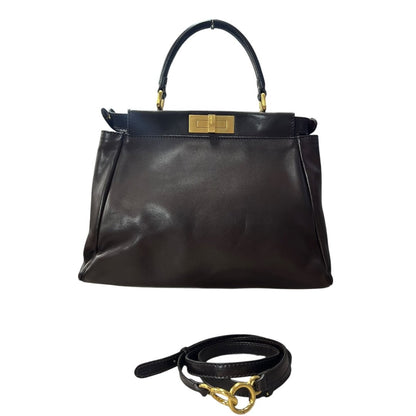 FENDI Leather Peekaboo Handbag Brown Gold Hardware FE394