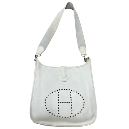 HERMES Clemence, Canvas Evelyne Shoulder Bag Off-White Silver Hardware HE474