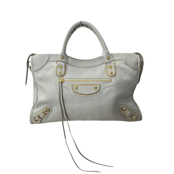 BALENCIAGA Lambskin City Bag Handbag Grey Gold Hardware BA44