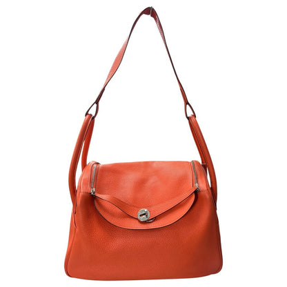 HERMES Clemence Lindy 30 Shoulder Bag Orange Silver Hardware HE479