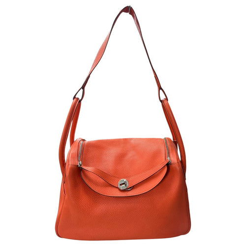 HERMES Clemence Lindy 30 Shoulder Bag Orange Silver Hardware HE479