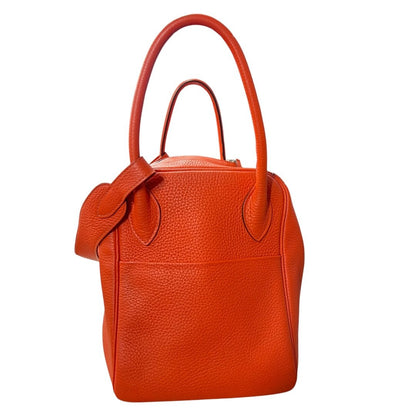 HERMES Clemence Lindy 30 Shoulder Bag Orange Silver Hardware HE479