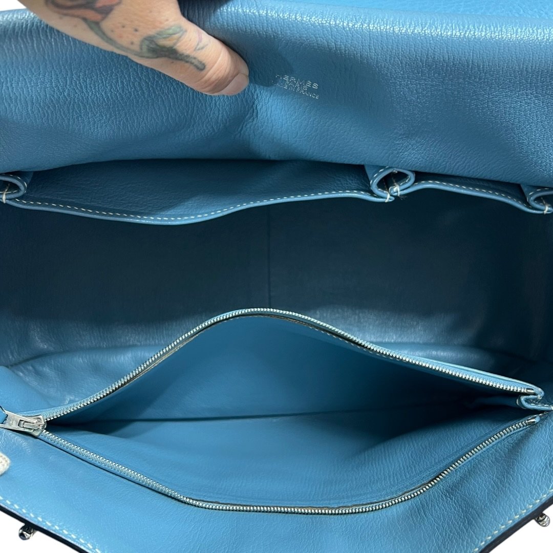 HERMES Clemence Lindy Handbag Blue Silver Hardware HE480