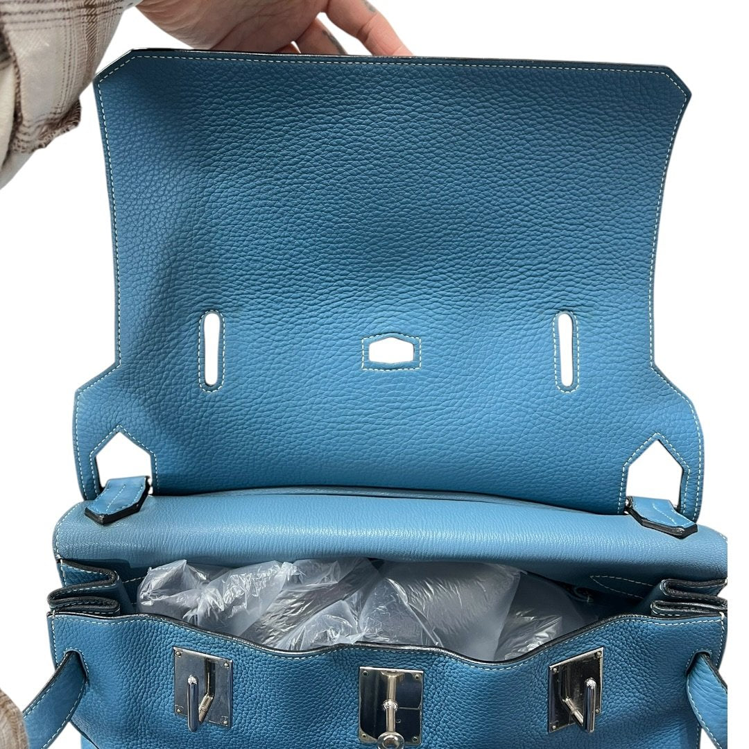 HERMES Clemence Lindy Handbag Blue Silver Hardware HE480