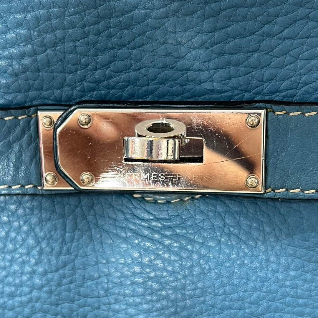 HERMES Clemence Lindy Handbag Blue Silver Hardware HE480
