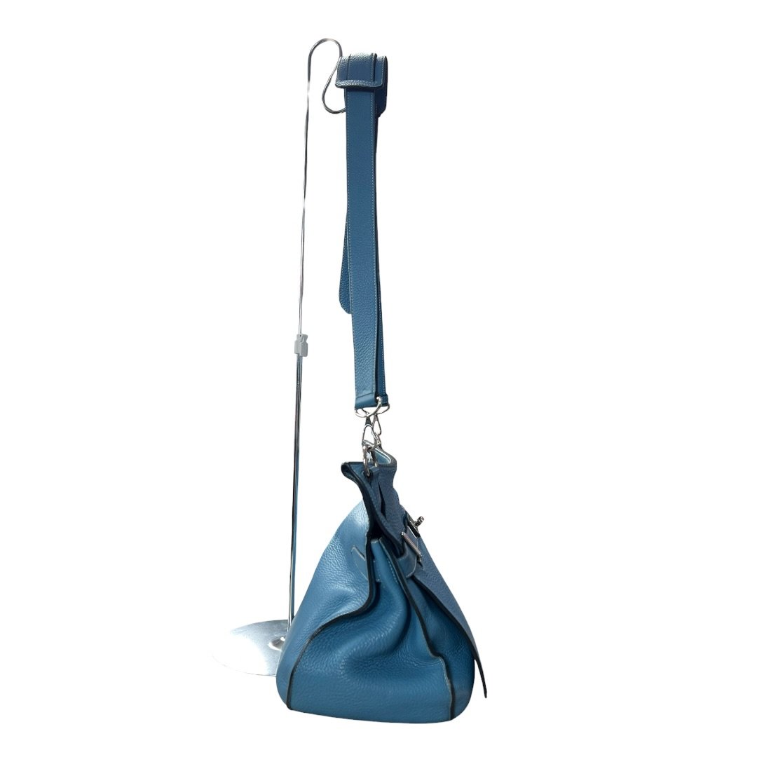 HERMES Clemence Lindy Handbag Blue Silver Hardware HE480