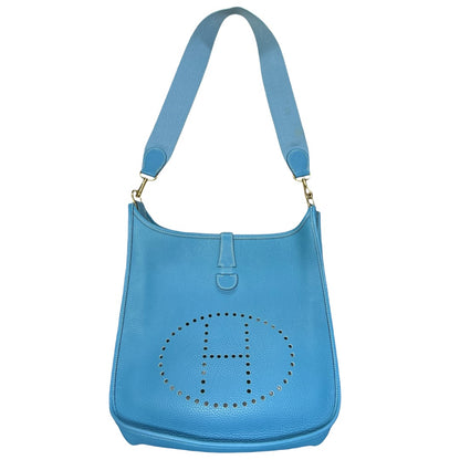 HERMES Taurillon Clemence Evelyne Shoulder Bag Blue Jean Gold Hardware HE482