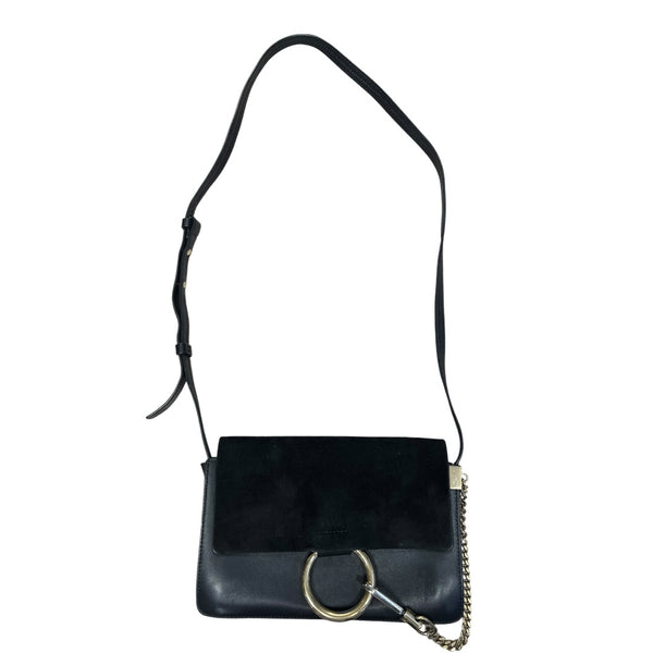 CHLOE Suede Calfskin Faye Shoulder Bag Black Gold Hardware CH2222