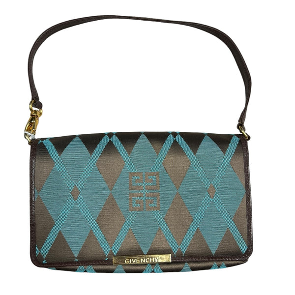 GIVENCHY Argyle Check Jacquard One Shoulder Bag Brown Blue Gold Hardware GI42