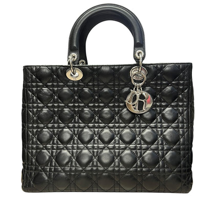 CHRISTIAN DIOR Cannage Lady Dior Handbag Black Silver Hardware Ch2220