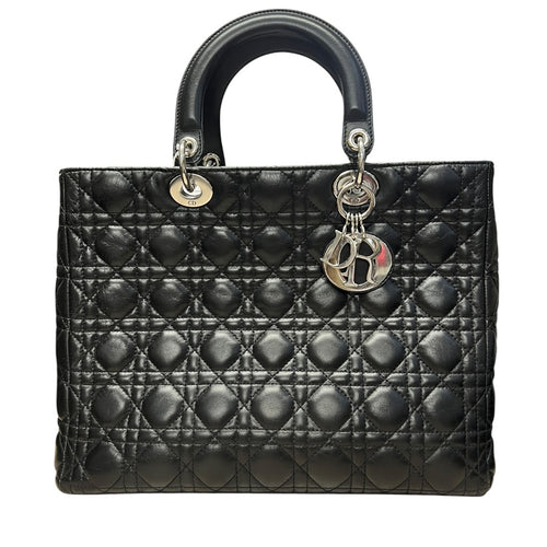 CHRISTIAN DIOR Cannage Lady Dior Handbag Black Silver Hardware Ch2220