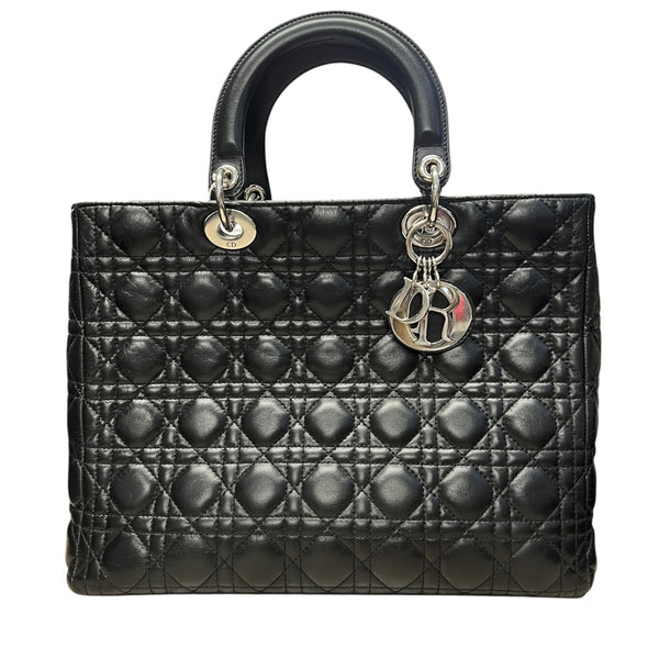 CHRISTIAN DIOR Cannage Lady Dior Handbag Black Silver Hardware Ch2220