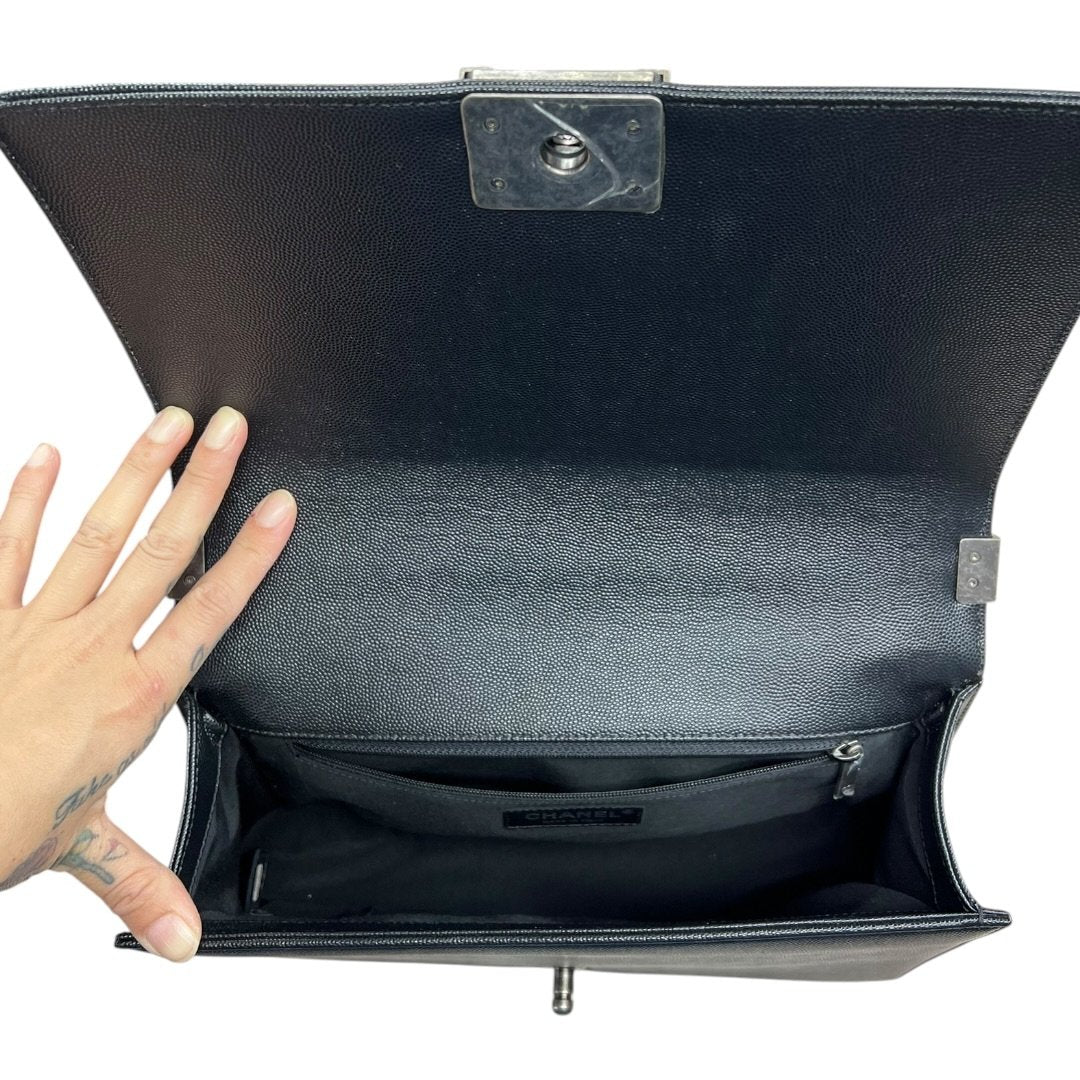 CHANEL Caviar Leather Boy Chanel Flap Bag Shoulder Bag Black Aged Silver-tone Hardware CH2235