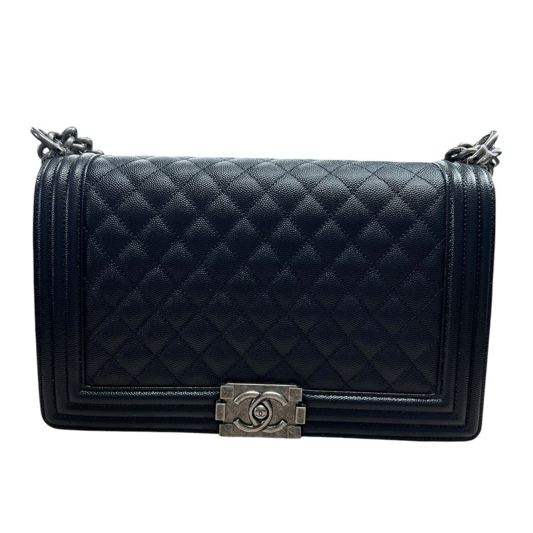 CHANEL Caviar Leather Boy Chanel Flap Bag Shoulder Bag Black Aged Silver-tone Hardware CH2235