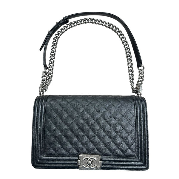 CHANEL Caviar Leather Boy Chanel Flap Bag Shoulder Bag Black Aged Silver-tone Hardware CH2235