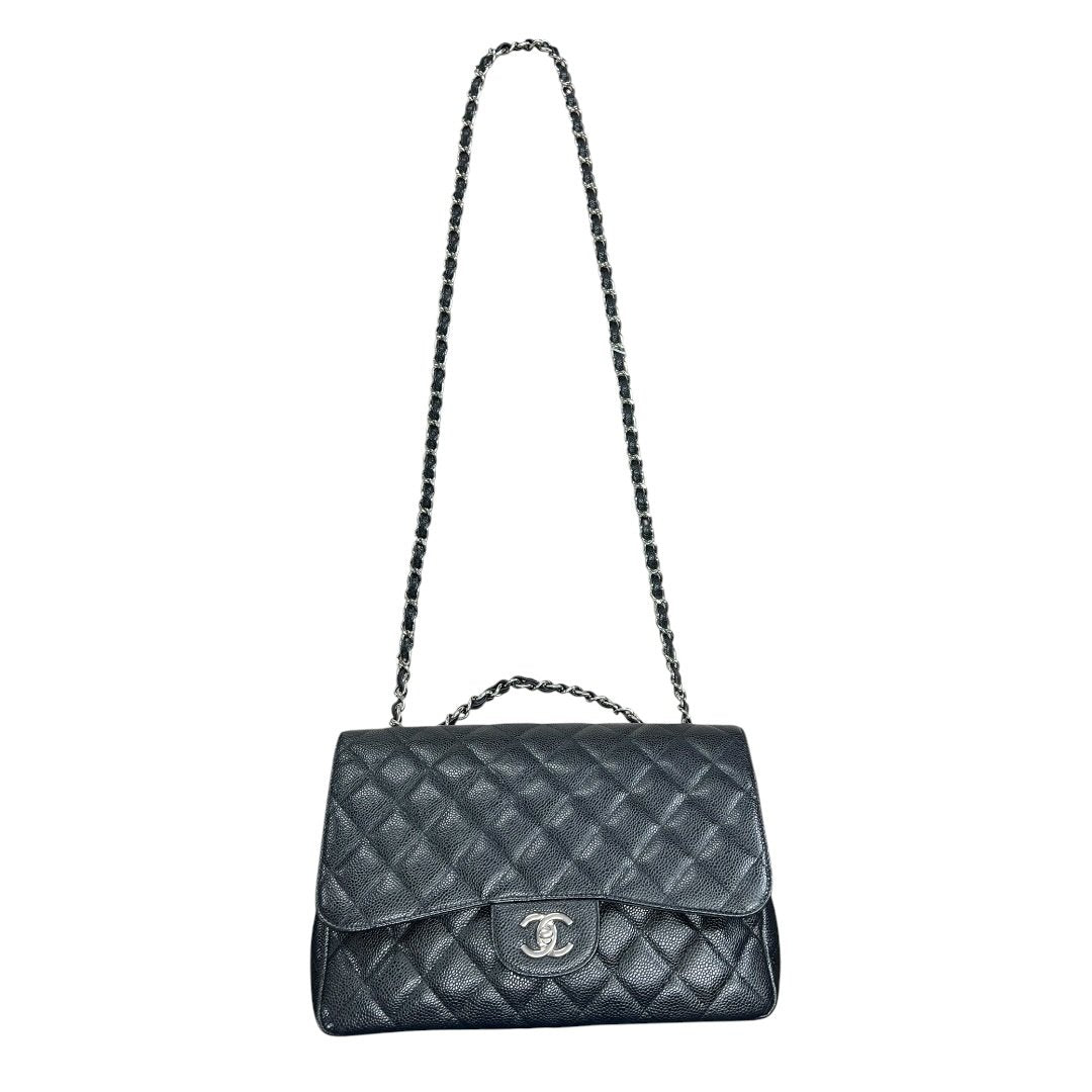 CHANEL Caviar Classic Flap Shoulder Bag Black Silver Hardware CH2236