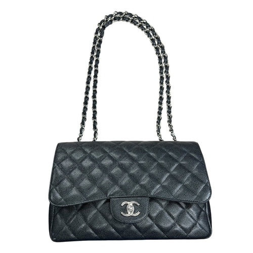 CHANEL Caviar Classic Flap Shoulder Bag Black Silver Hardware CH2236