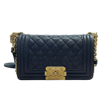 CHANEL Caviar Leather Boy Bag Shoulder Bag Black Gold Hardware CH2237